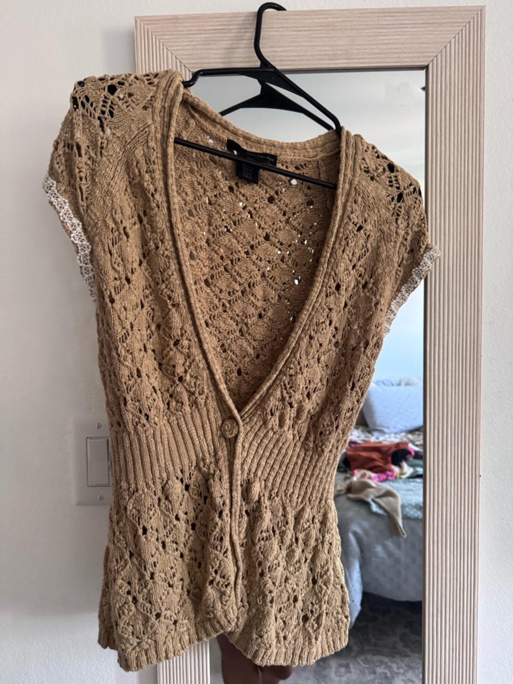 Calvin Klein Beige Crochet Knit Sleeveless Cardigan